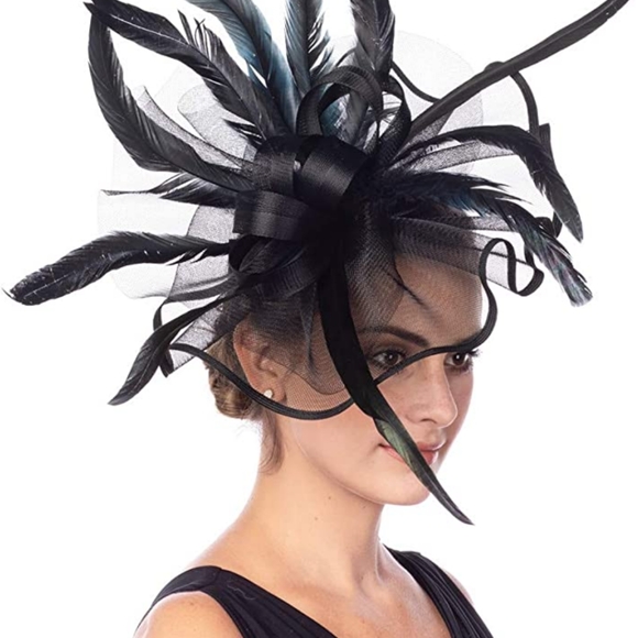 Black High Fashion Feather Lace Veil Fascinator Kentucky Derby Equine Church NWT